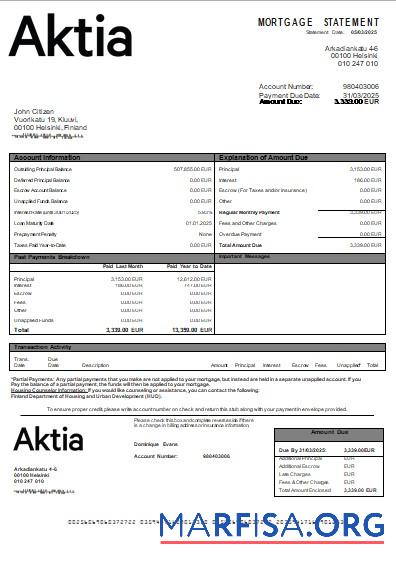 Blank Finland Aktia Bank mortgage statement scr real example